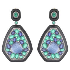 Pradera Jewels 18K Gold & Silver Earrings with Diamonds, Emerald & Sapphire