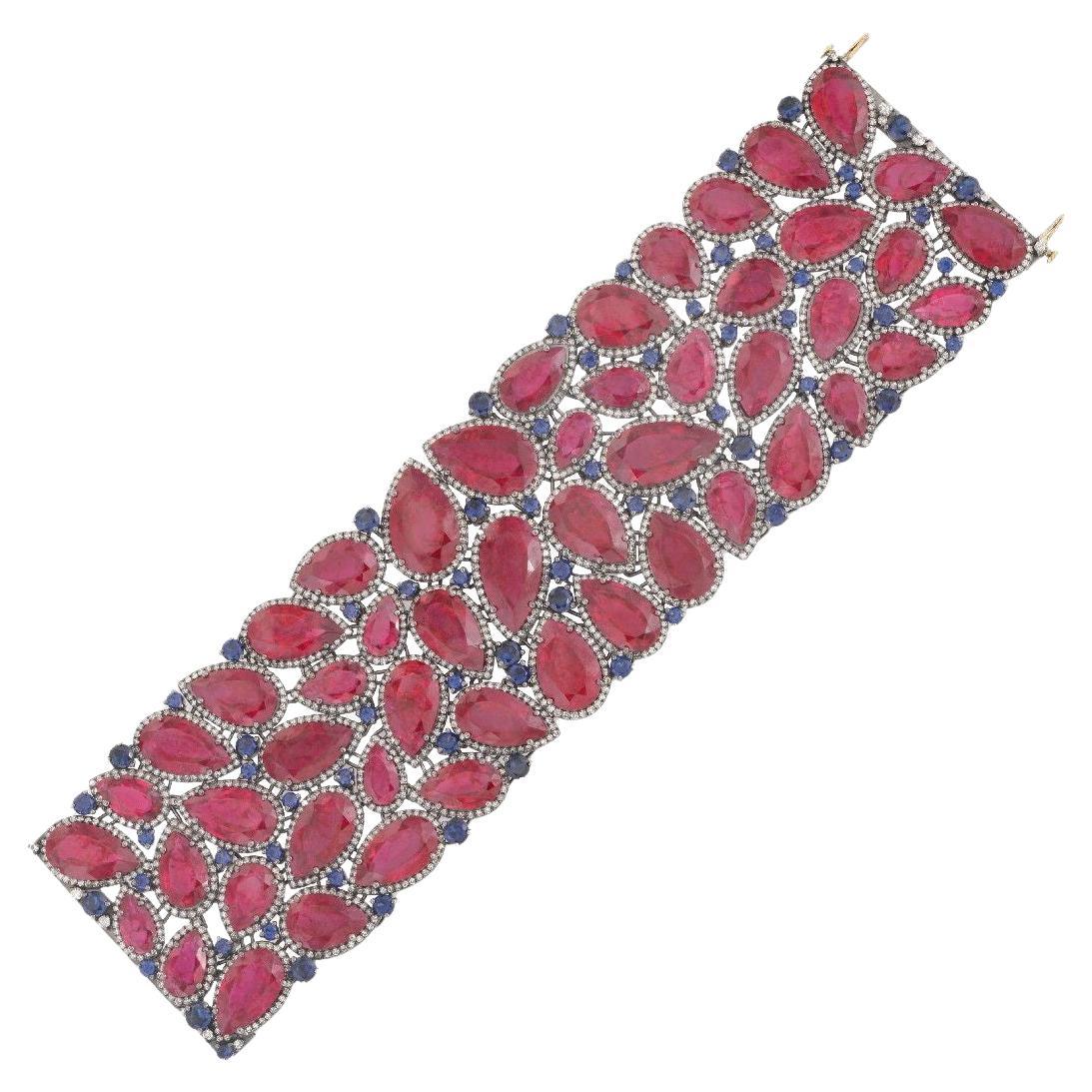 Pradera Jewels 18K Gold & Silver Bracelet with Diamonds, Ruby & Sapphire For Sale