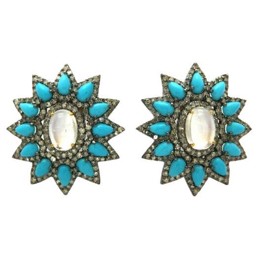 Pradera Jewels Orecchini in oro e argento 18K con diamanti, turchese e pietra di luna in vendita