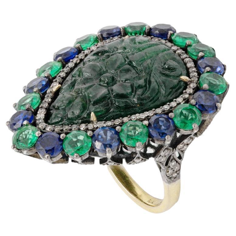 Pradera Joyas Anillo de Oro y Plata de 18K con Diamantes Esmeraldas y Ópalo