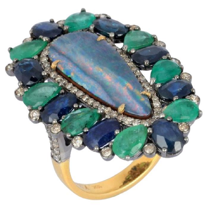 Pradera Joyas Anillo de Oro y Plata de 18K con Diamantes Esmeraldas Ópalo y Zafiro en venta