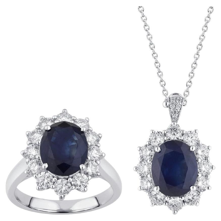 Pradera Jewels Collier et bague en or blanc 18k avec diamants et saphir (paire) en vente