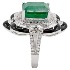 Pradera Joyas Anillo de Oro Blanco de 18k Con Diamantes, Esmeralda y Esmalte