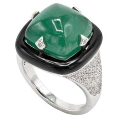 Pradera Jewels 18k White Gold Ring With Diamonds, Emeralds and Agate