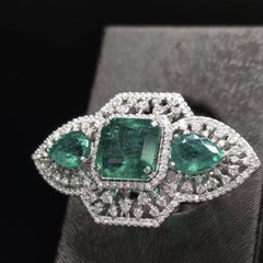 Pradera Jewels 18K White Gold Ring with Diamonds & Emeralds