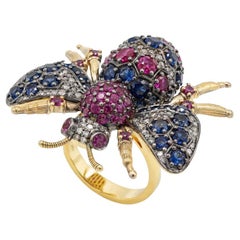 Pradera Joyas Anillo de Oro Amarillo de 18k y Diamantes, Zafiros y Rubí Corindón