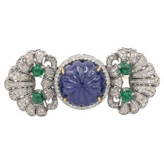 Pradera Jewels 18K Yellow Gold & Silver Brooch & Diamonds Tanzanite & Emeralds