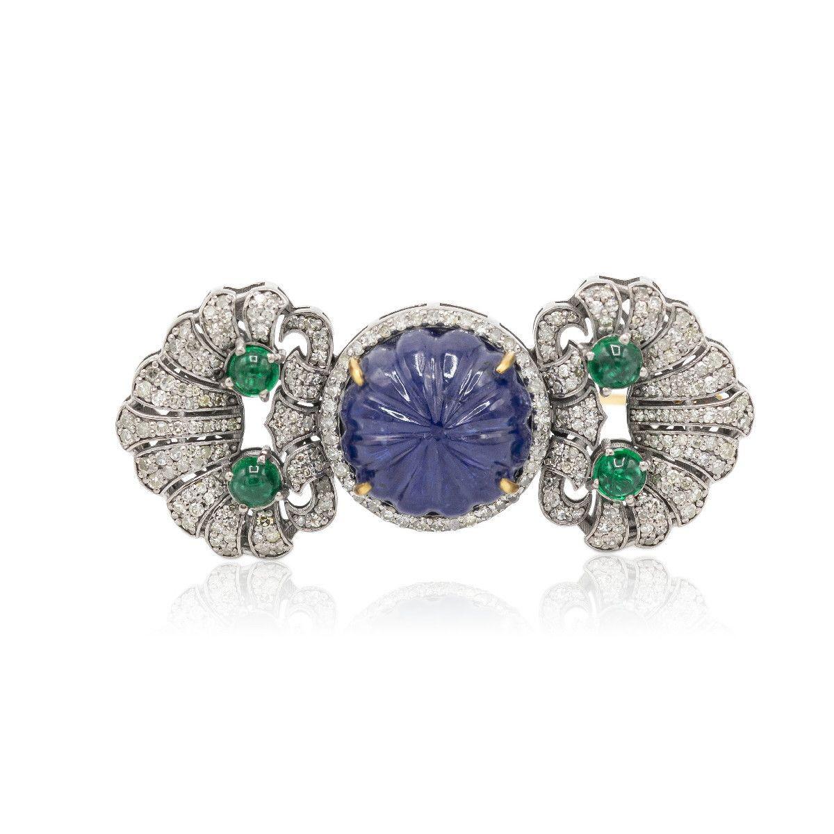 Pradera Jewels 18K Yellow Gold & Silver Brooch & Diamonds Tourmaline & tsavorite In New Condition For Sale In Bilbao, ES