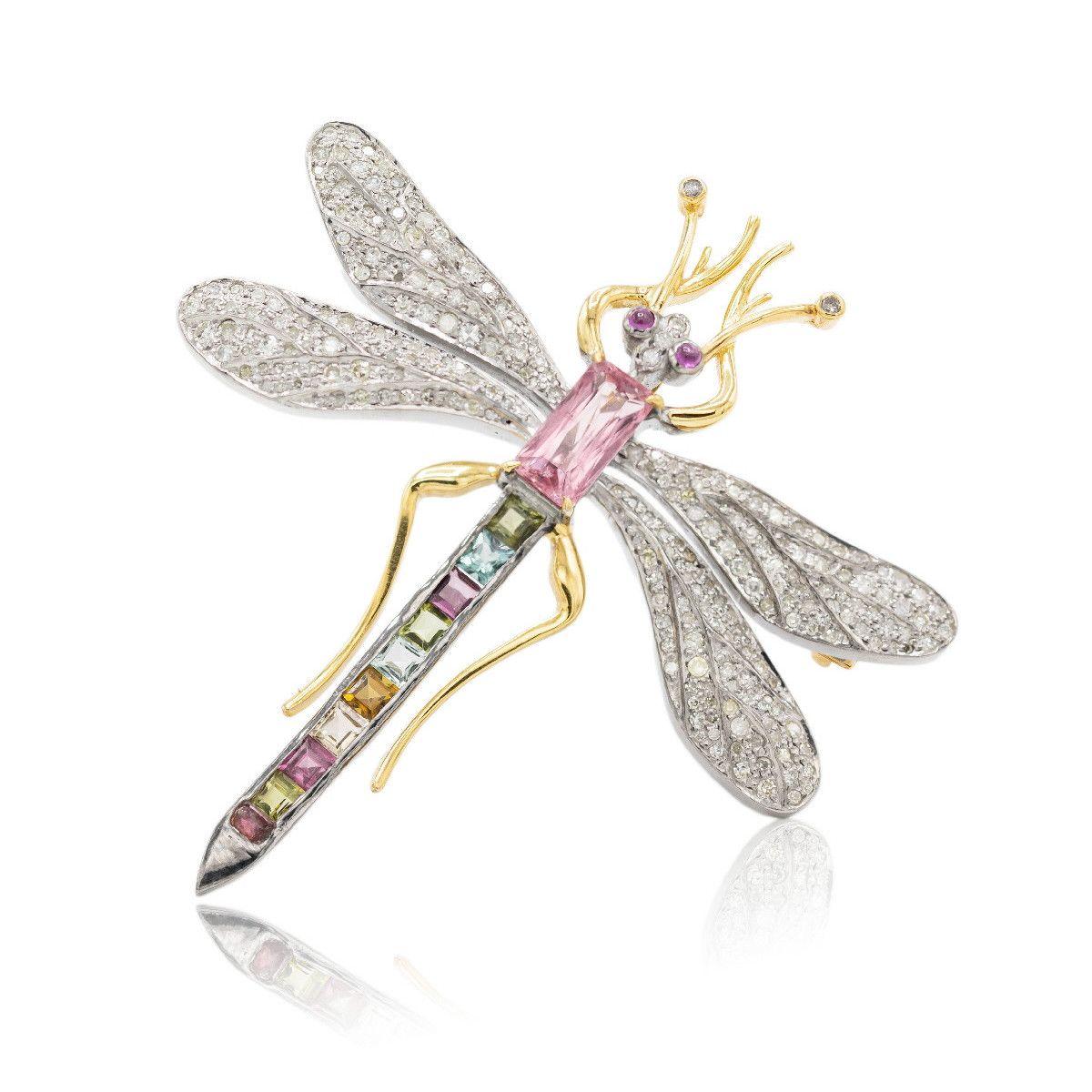 Women's Pradera Jewels 18K Yellow Gold & Silver Brooch & Diamonds Tourmaline & tsavorite For Sale