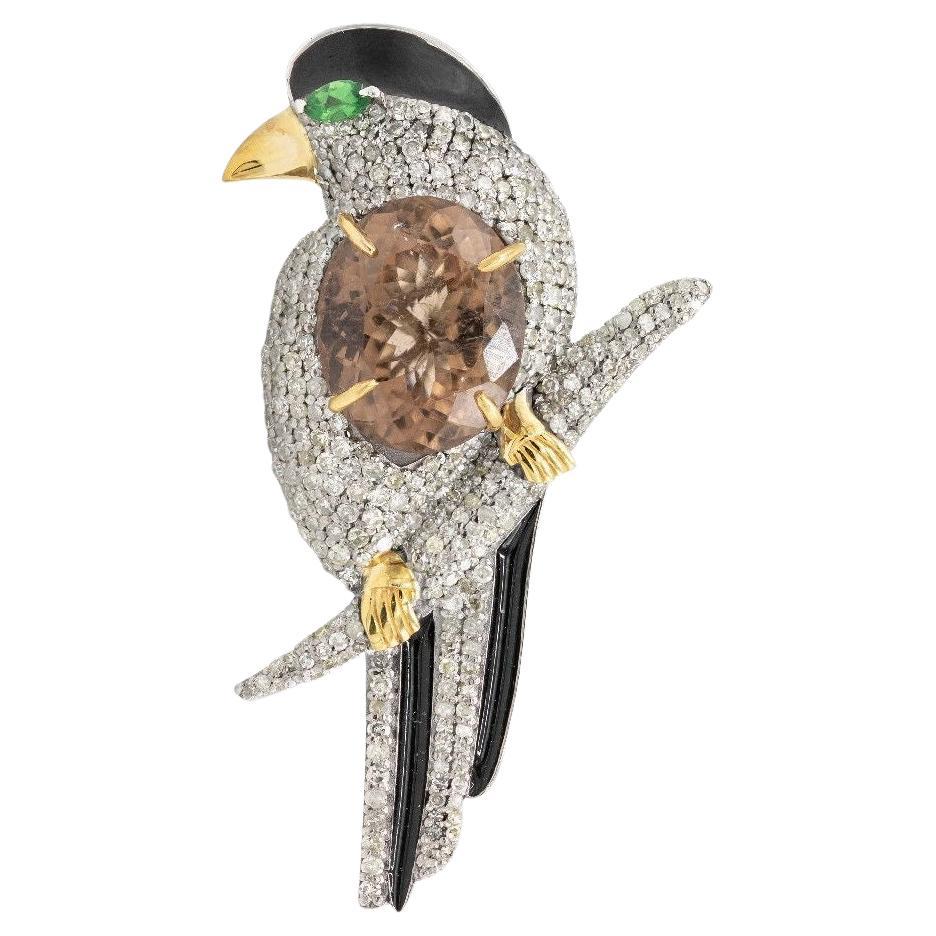 Pradera Jewels 18K Yellow Gold 
Silver Brooch 
Diamonds Tourmaline 
tsavorite For Sale