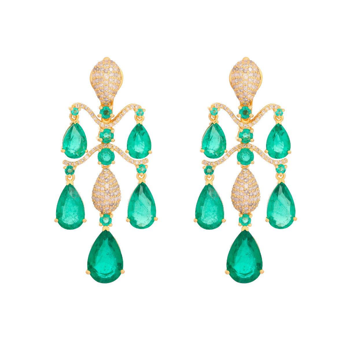Pradera Jewell Orecchini in oro giallo e argento 18 carati, diamanti e smeraldi in vendita 14