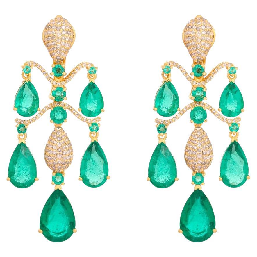 Pradera Jewels Boucles d'oreilles en or jaune 18 carats et argent & Diamants & Émeraudes