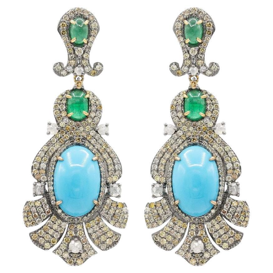 Pradera Jewels Boucles d'oreilles en or jaune 18K et argent & diamants Emeraudes & Turquoise