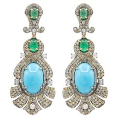 Pradera Jewels Boucles d'oreilles en or jaune 18K et argent & diamants Emeraudes & Turquoise