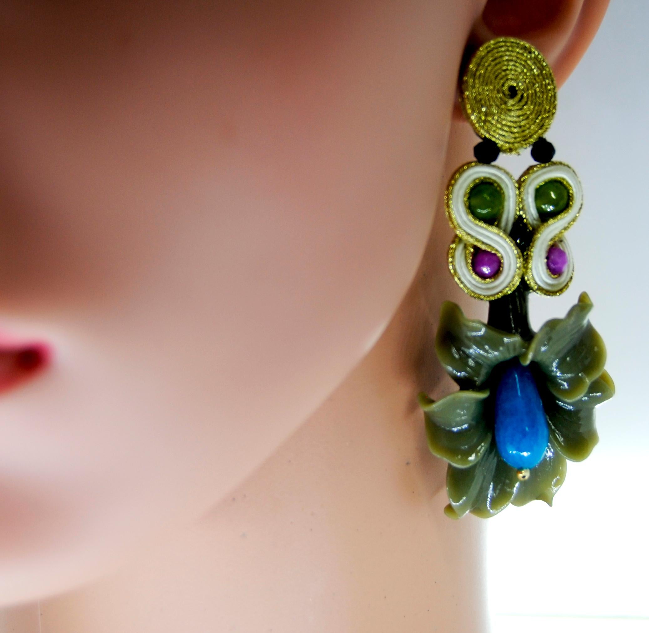 Women's Pradera Kalas Collection Soutache and Silver Earrings with Blue Jade and Resins