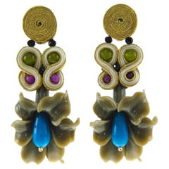Pradera Kalas Collection Soutache and Silver Earrings with Blue Jade and Resins