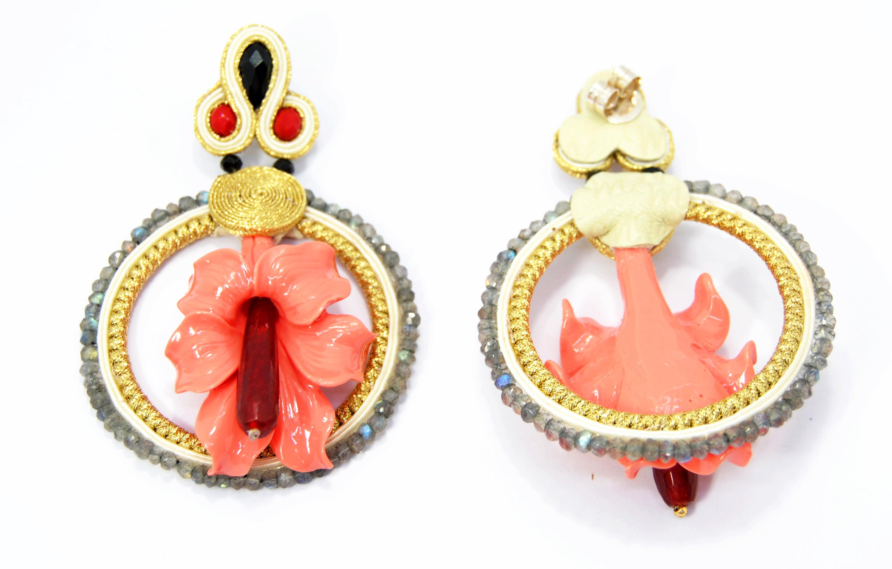 Soutache Technique earrings with pink resin and red jade pistil  in sterling silver closure. A Joint venture of Irama Pradera and Musula Jewels where they create Colorful, Lively and Light Travel Jewelry that has an Iconic feel and give a modern,