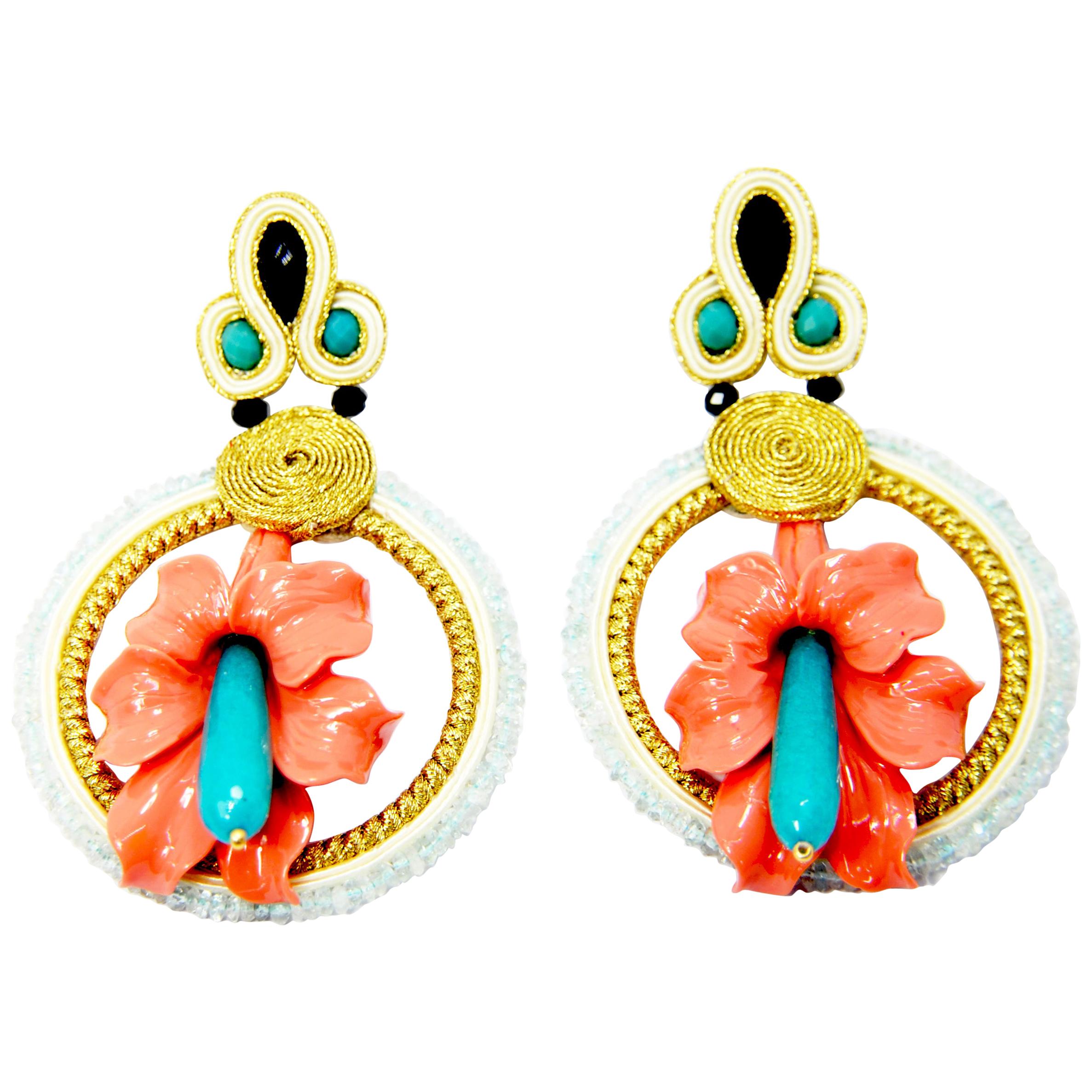 Pradera Kalas Collection Soutache Silver Earrings Aquamarine and Tinted Jade For Sale