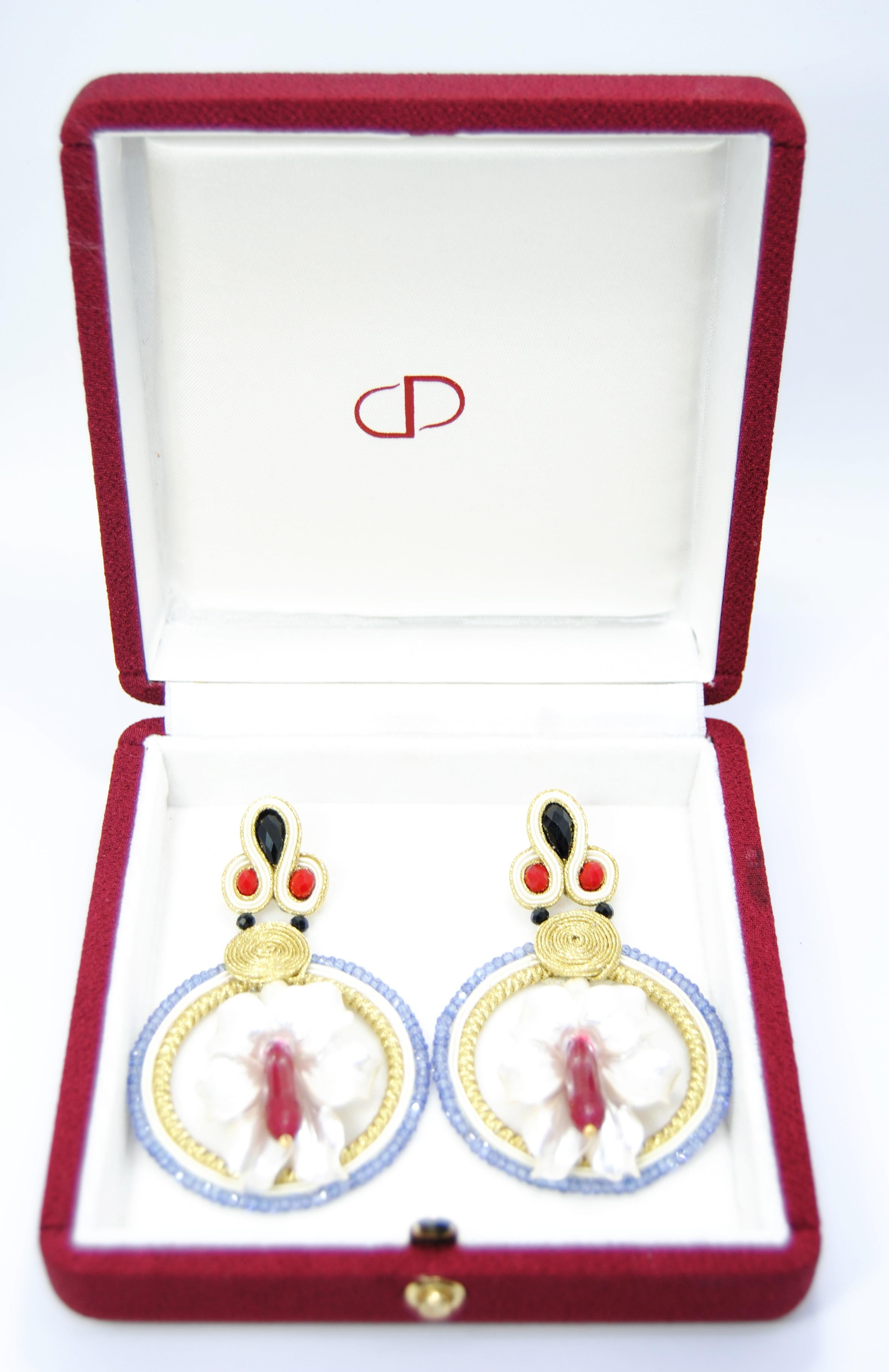 Romantic Pradera Kalas Collection Soutache Silver Earrings Iolites and Red Jade For Sale