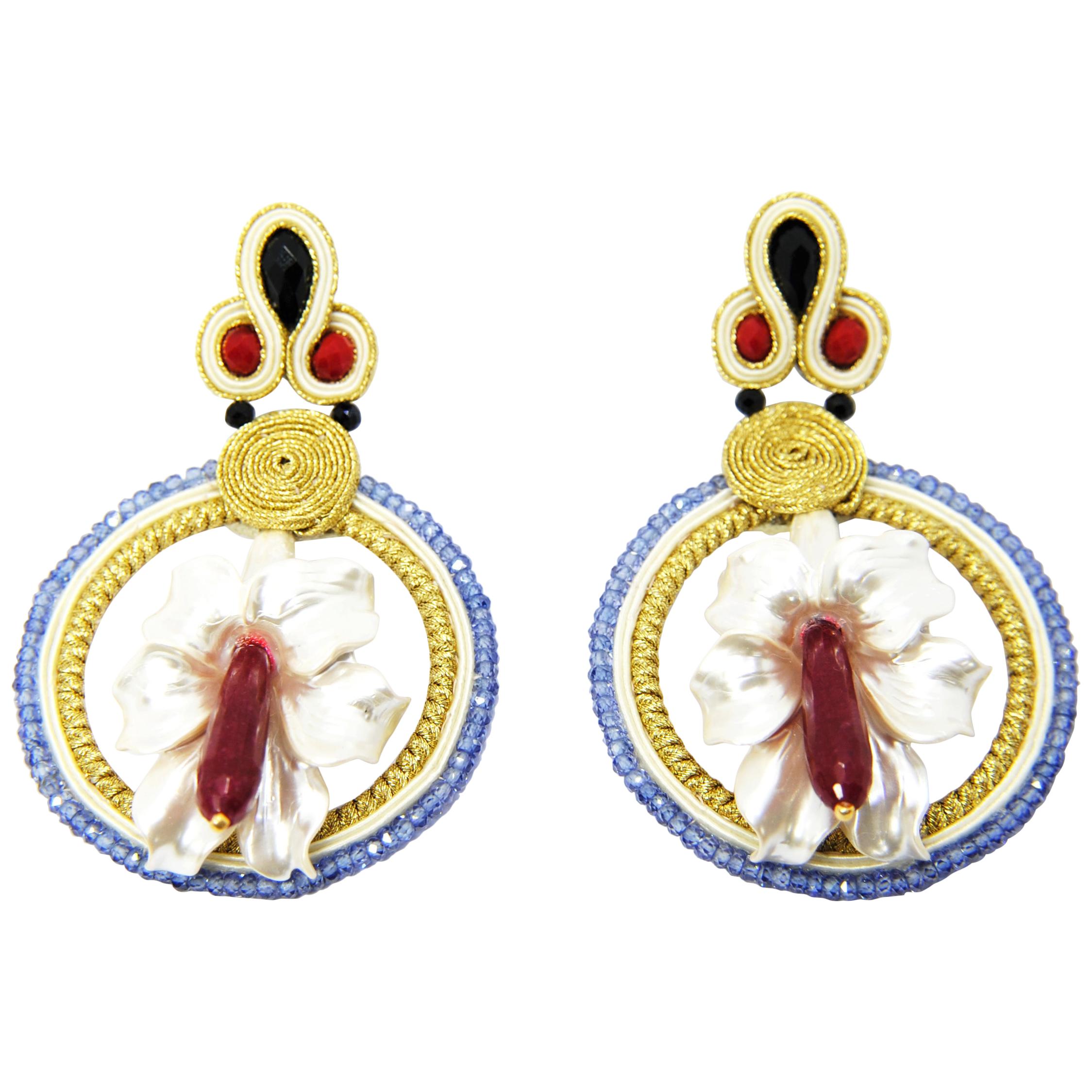 Pradera Kalas Collection Soutache Silver Earrings Iolites and Red Jade For Sale