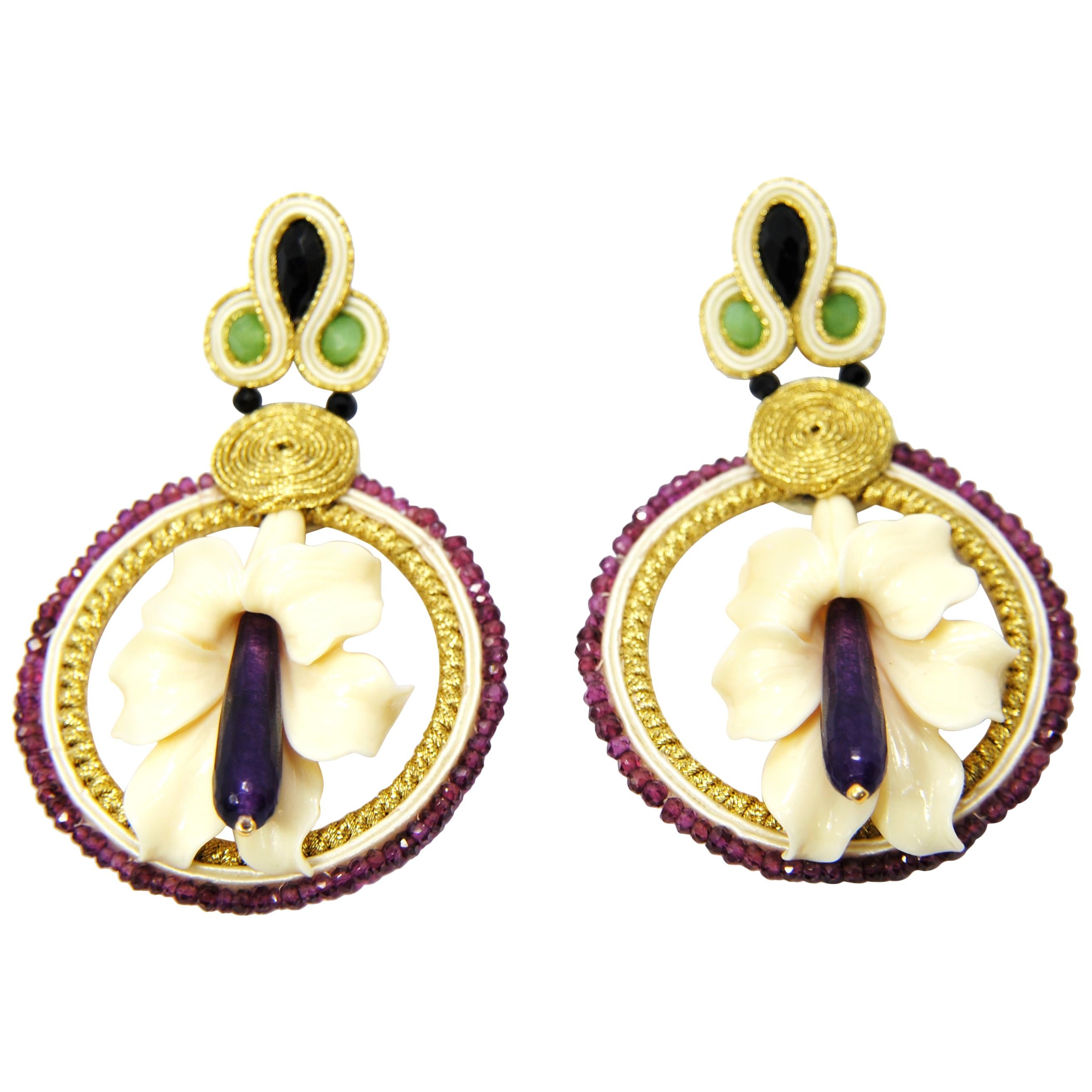 Pradera Kalas Collection Soutache Silver Earrings with Amathysts and Purple Jade For Sale