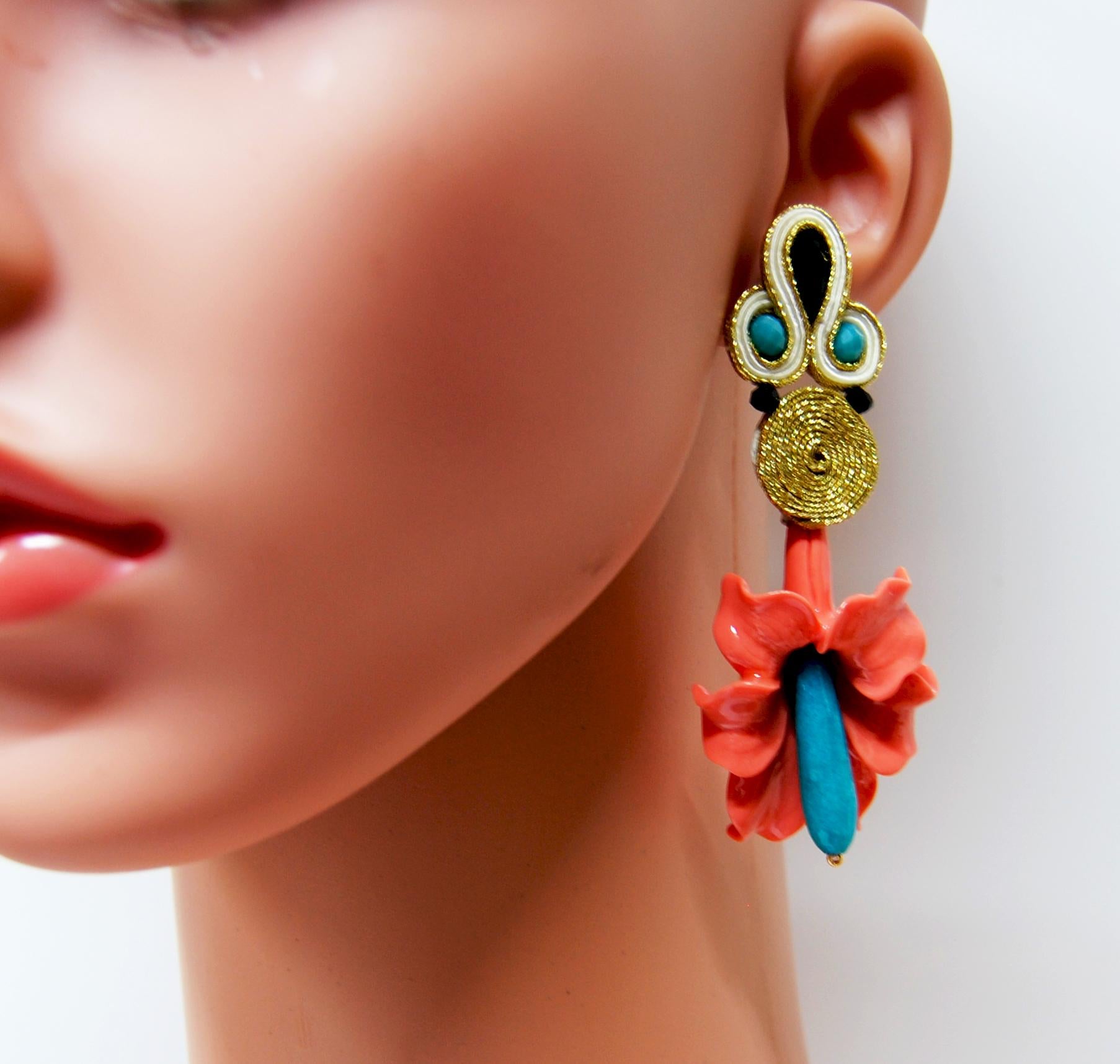 Romantic Pradera Kalas Collection Soutache Silver Earrings with Pink and Tourquoise Jade