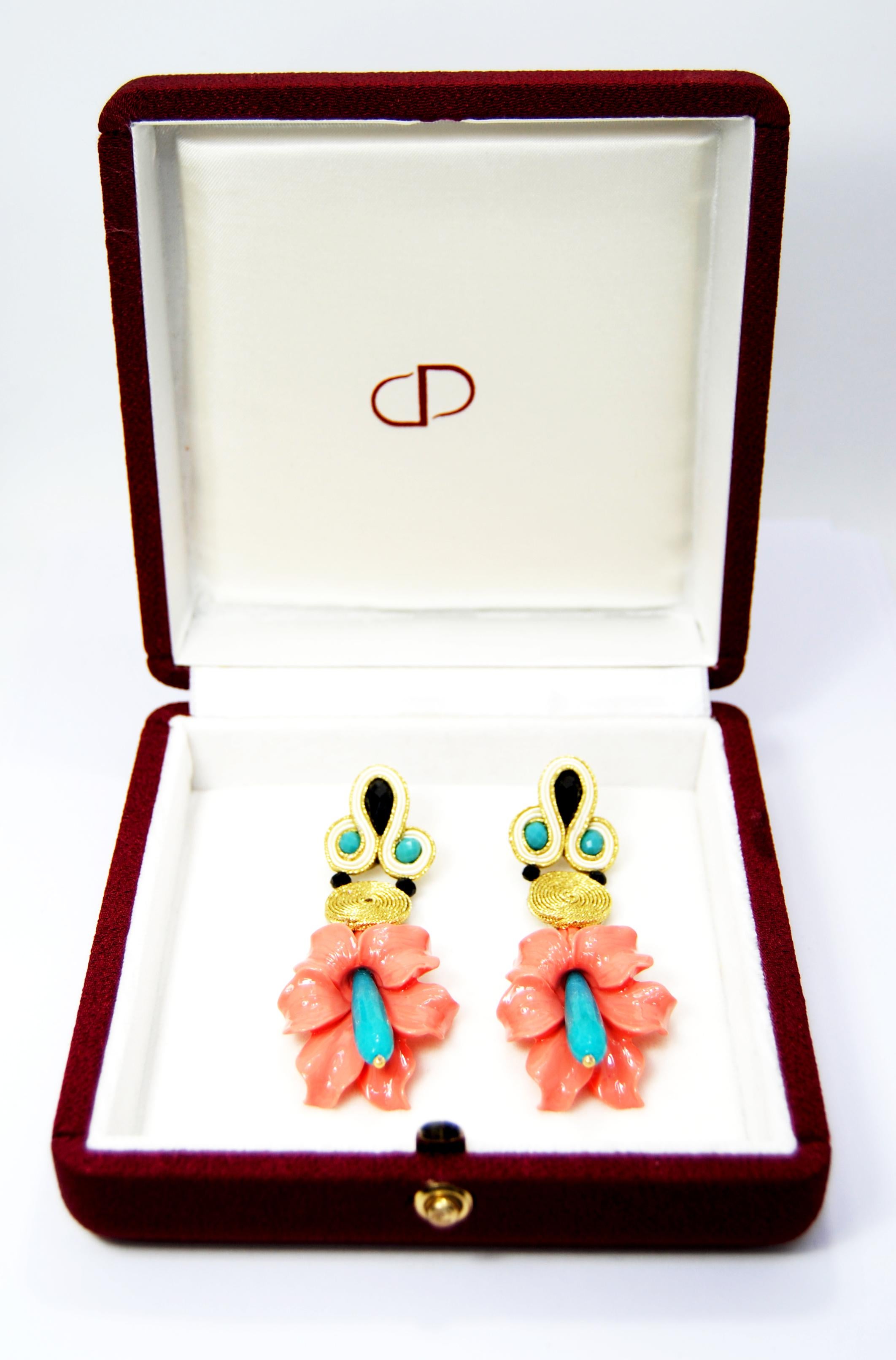 Pradera Kalas Collection Soutache Silver Earrings with Pink and Tourquoise Jade In New Condition In Bilbao, ES
