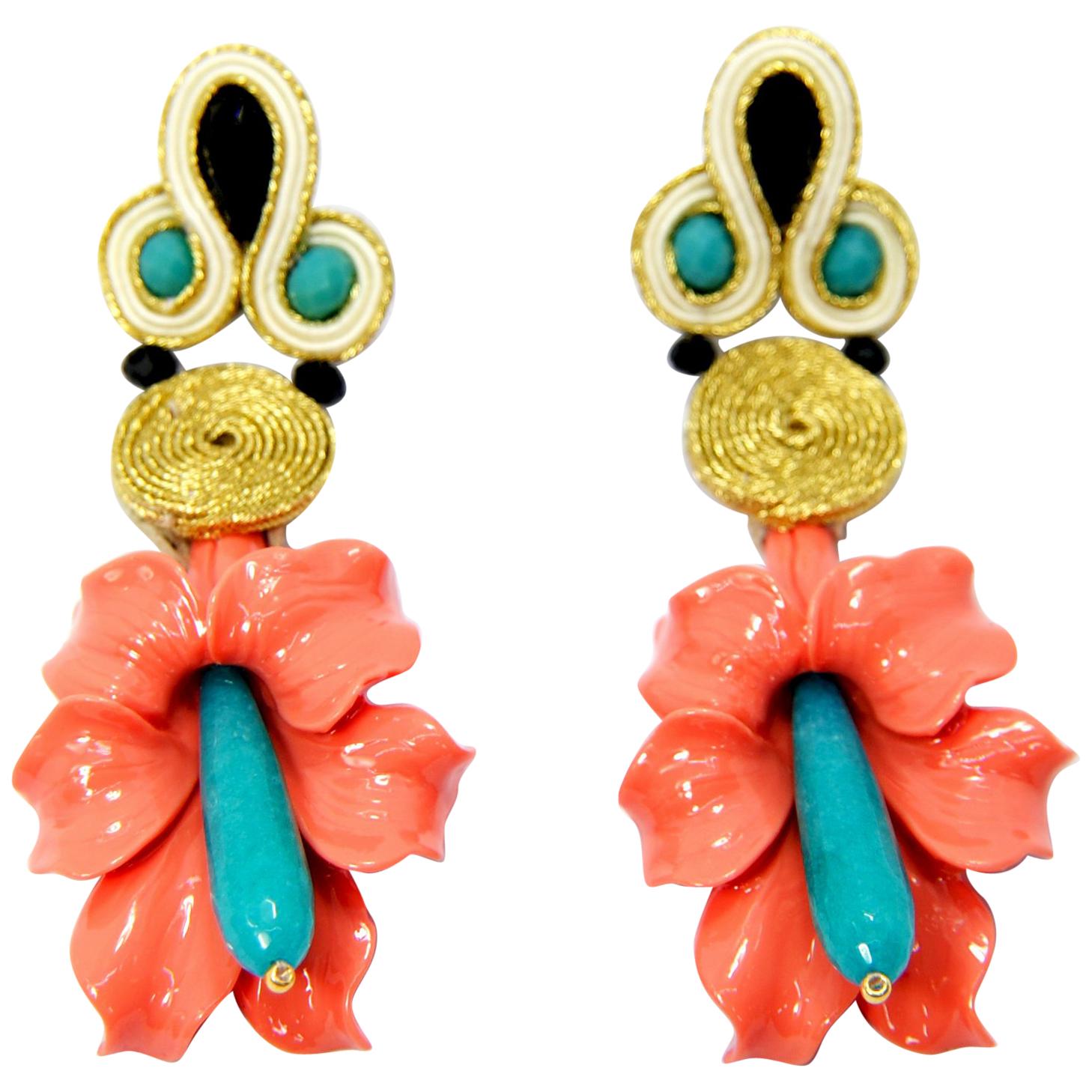 Pradera Kalas Collection Soutache Silver Earrings with Pink and Tourquoise Jade