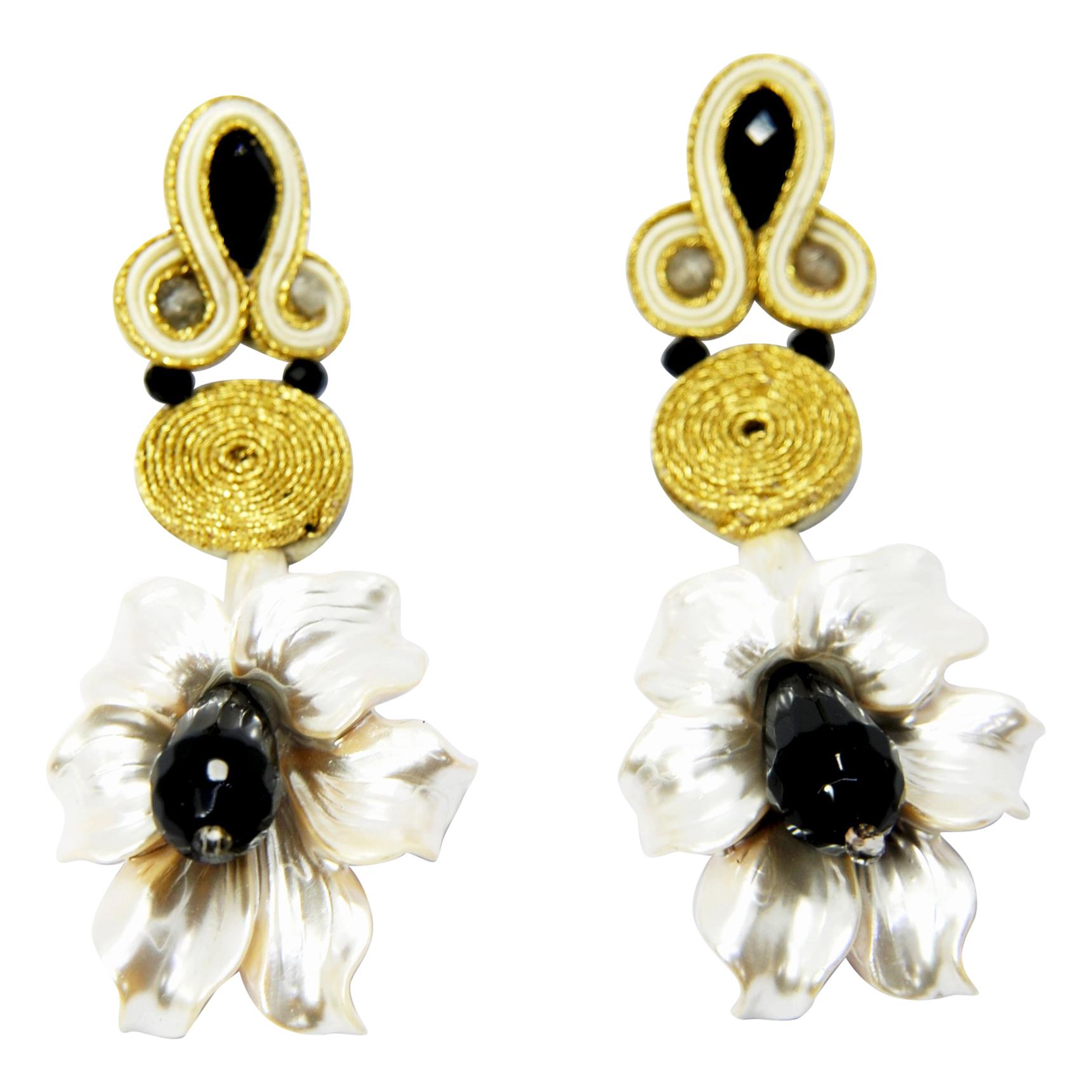 Pradera Kalas Collection Soutache Silver Earrings with Resins and Crystals For Sale