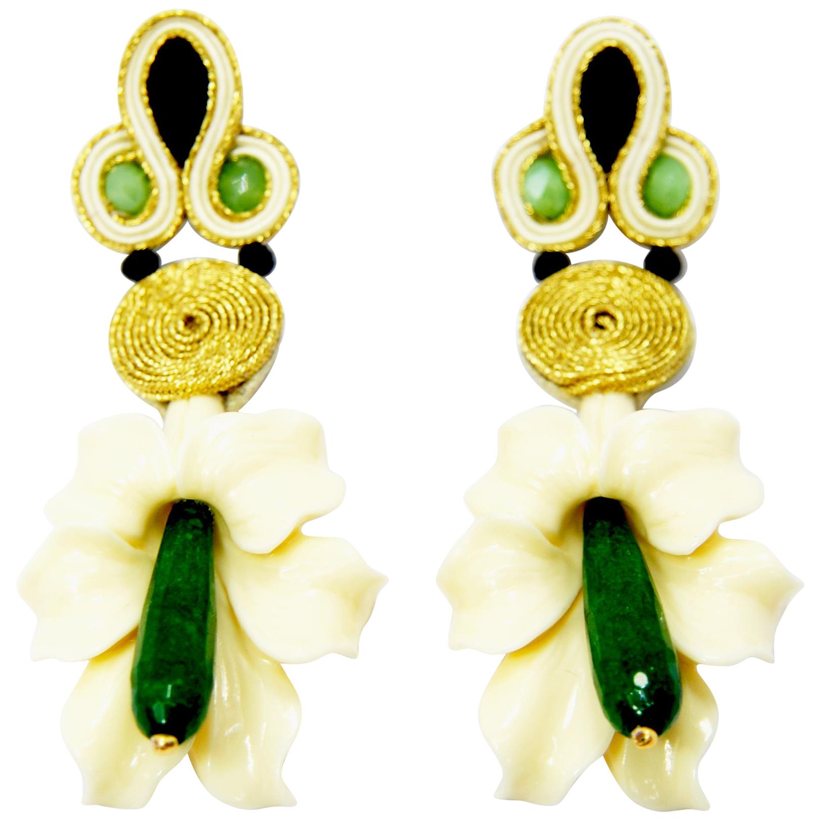 Pradera Kalas Collection Soutache Silver Earrings with Resins and Green Jade