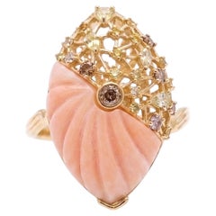 Pradera Ring in 18K Yellow Gold Natural Orange Coral with Fancy Colored Diamonds