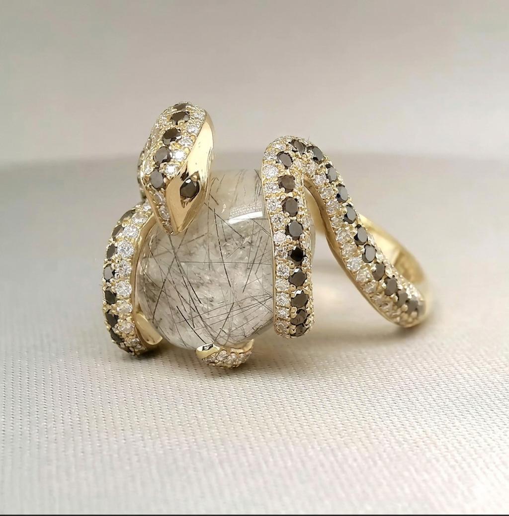 Ring Rader's Pradera Snake Ring 18k Yellow Gold rutilated quartz and Black and White ...