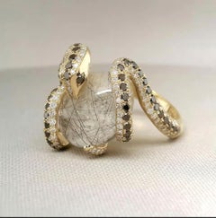 Anello Pradera Snake in oro giallo 18 carati con diamanti bianchi e neri cuarzo rotul