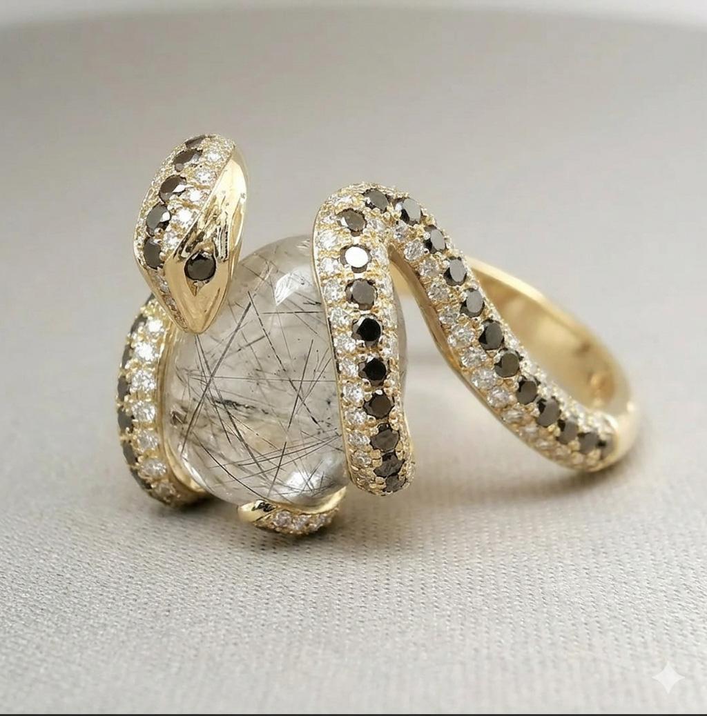 Ring Rader's Pradera Snake Ring 18k Yellow Gold rutilated quartz and Black and White ...