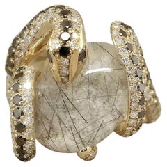 Anello Pradera Snake in oro giallo 18 carati con diamanti bianchi e neri cuarzo rotul