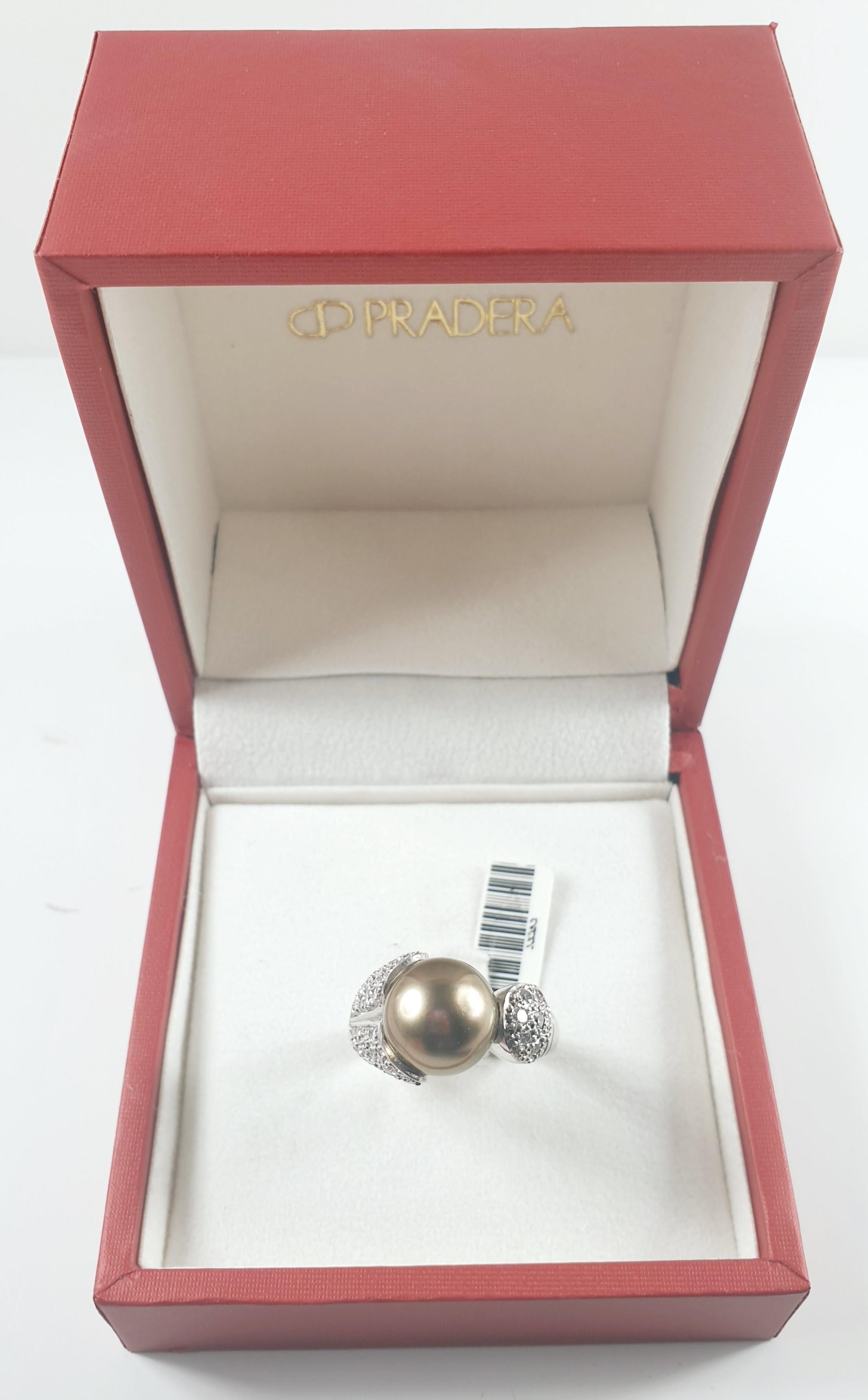 Women's Pradera Tahiti Pearl Cocktail Ring with White Diamonds and 18 Karat White Gold For Sale