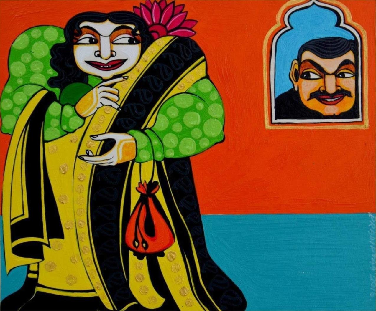 Le paradoxe jaune de l'amour, acrylique sur panneau de canson de l'artiste indien « en stock »