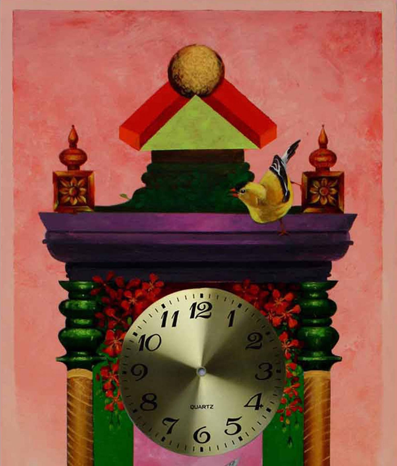 Longing Past IV : Horloge murale, rose, couleur métallique, peinture acrylique « en stock » - Painting de Pradosh Swain