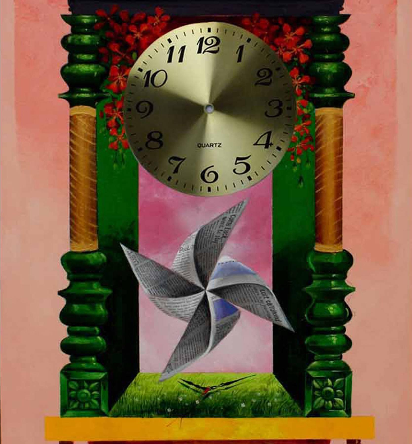 Longing Past IV: Wanduhr, Rosa, Metallic-Farbe, Acryl-Gemälde „Auf Lager“ (Zeitgenössisch), Painting, von Pradosh Swain