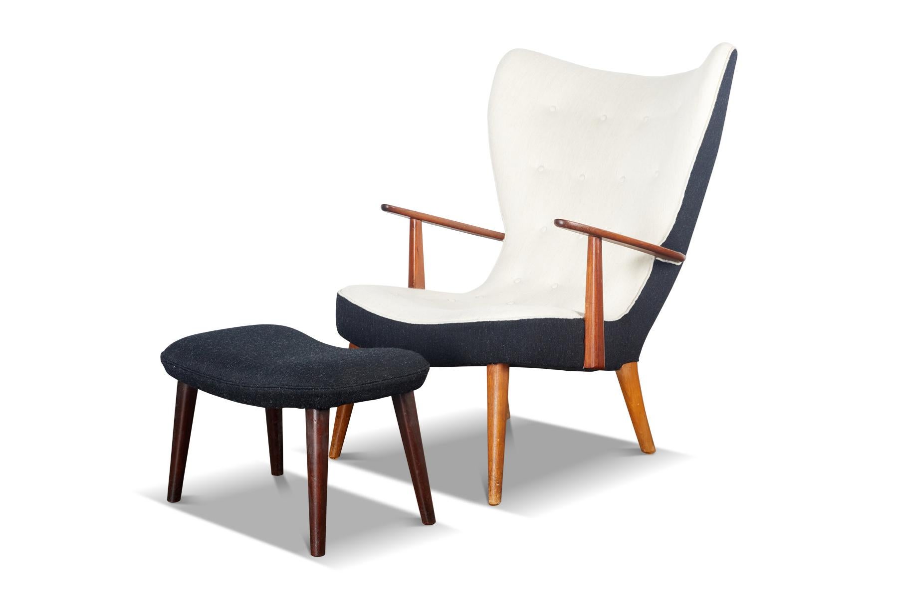 Origin: Denmark
Designer: Ib Madsen + Acton Schubell
Manufacturer: Madsen and Schubell
Era: 1959
Chair: 25.5? wide x 31? deep x 38? tall
Ottoman: 22.5? wide x 13? deep x 14.5? tall

Condition: In excellent original condition. Newer upholstery