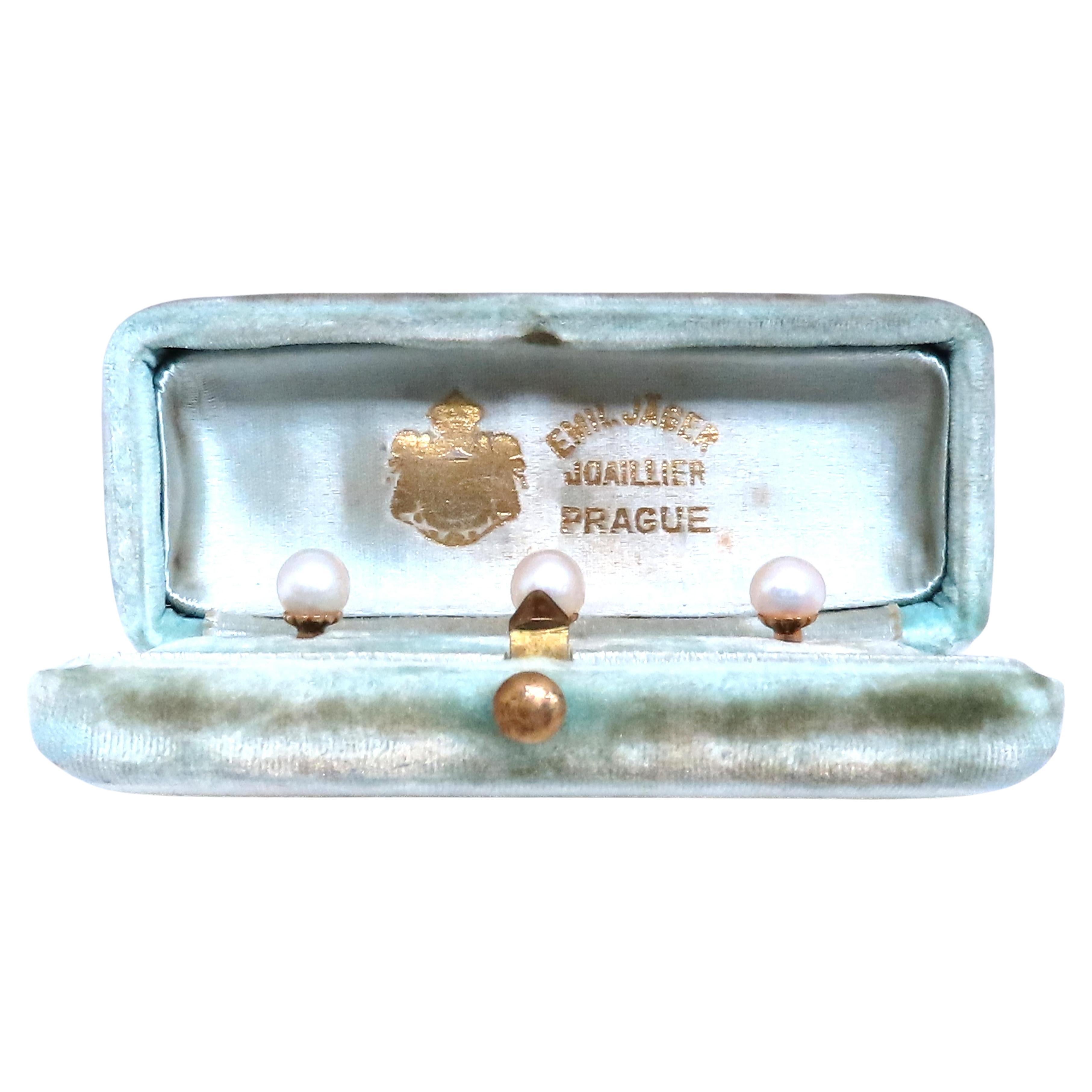 Prague Antique Three Pearl Stud Button Set with Original Box 14kt 12371