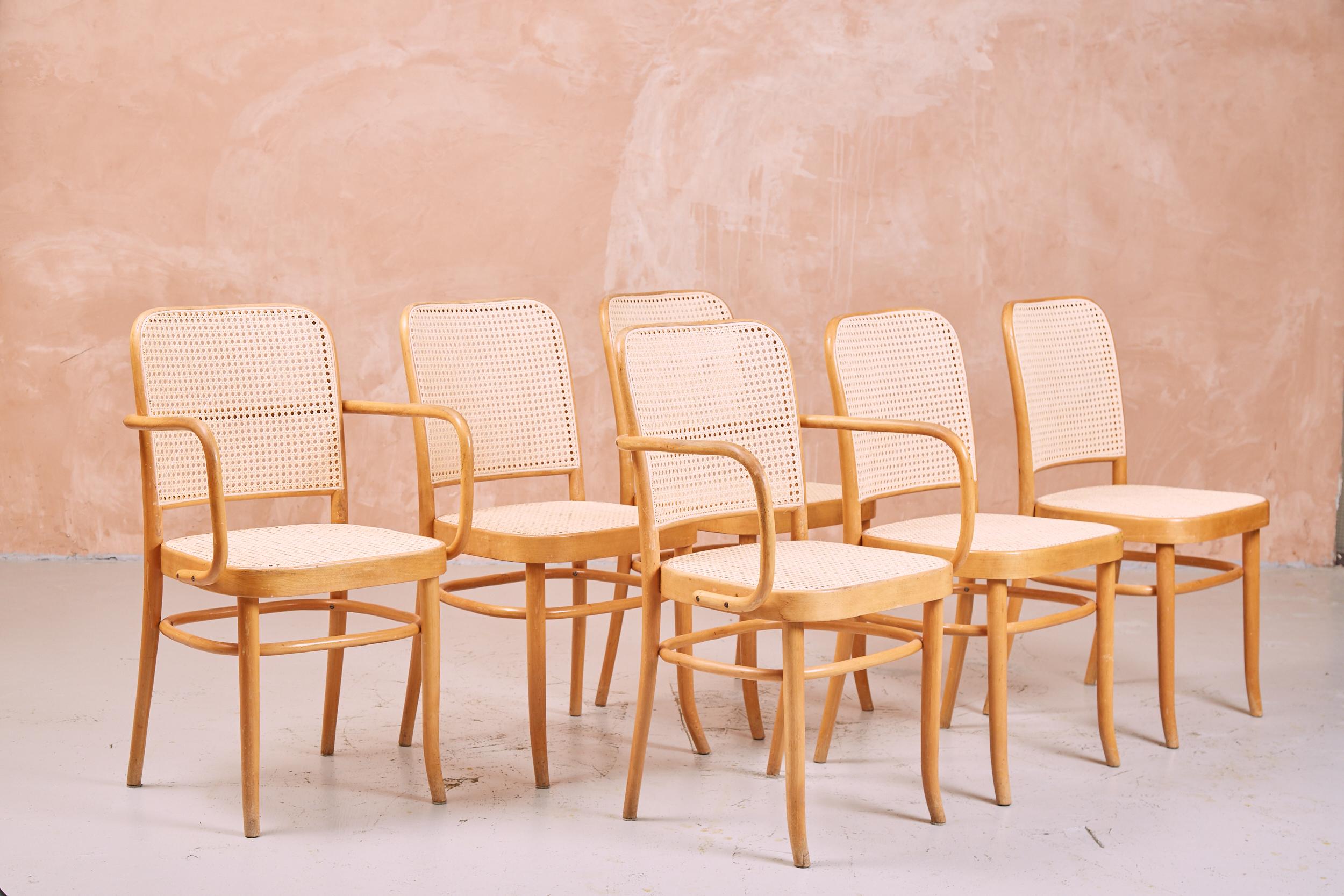 Set of six beech and rattan Prague chairs, designed by Josef Hoffmann and Josef Frank for Thonet in the 1930s.