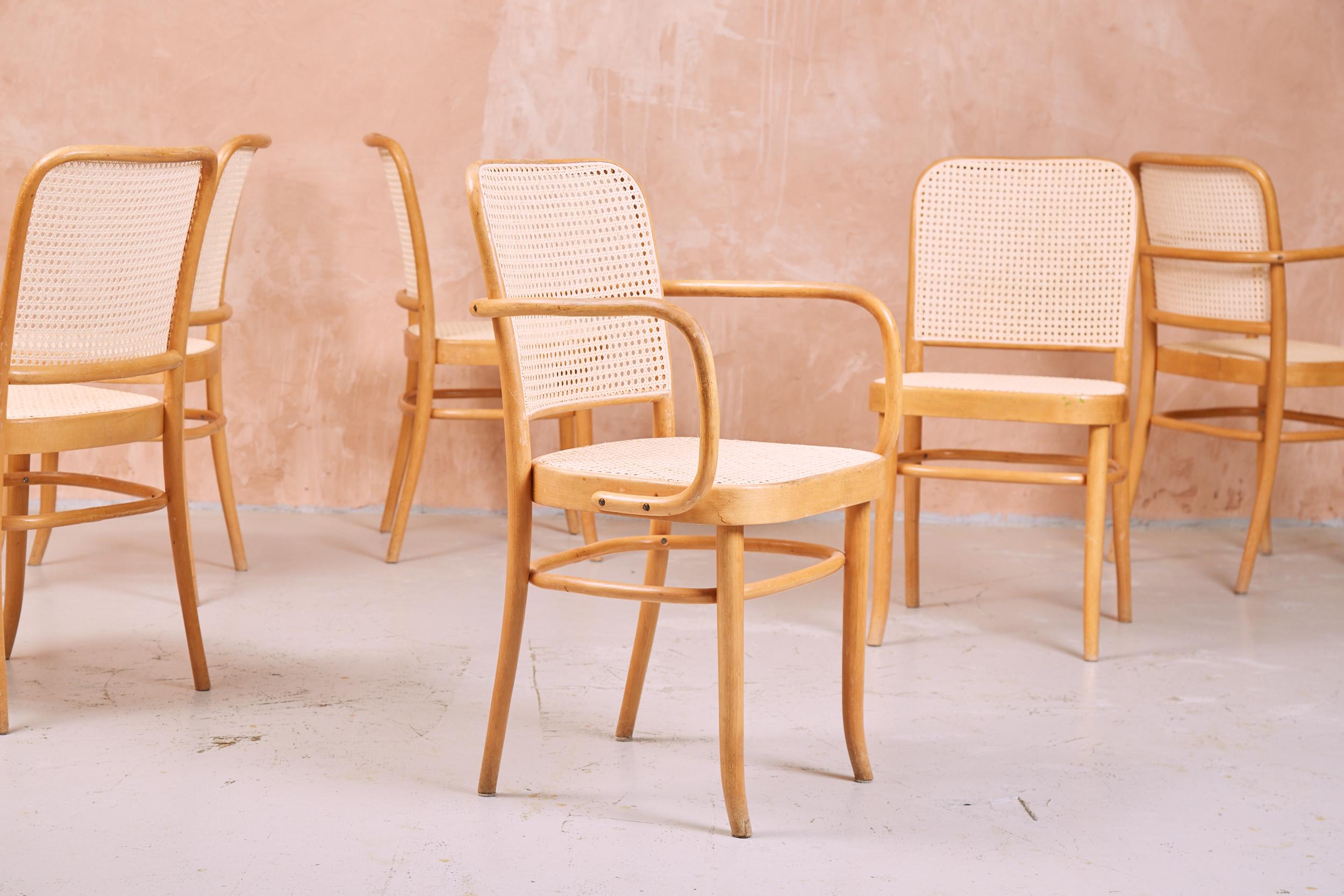 Art Deco Prague Chairs by Josef Hoffmann & Frank in Bentwood and Cane, Set of Six, 1930s For Sale