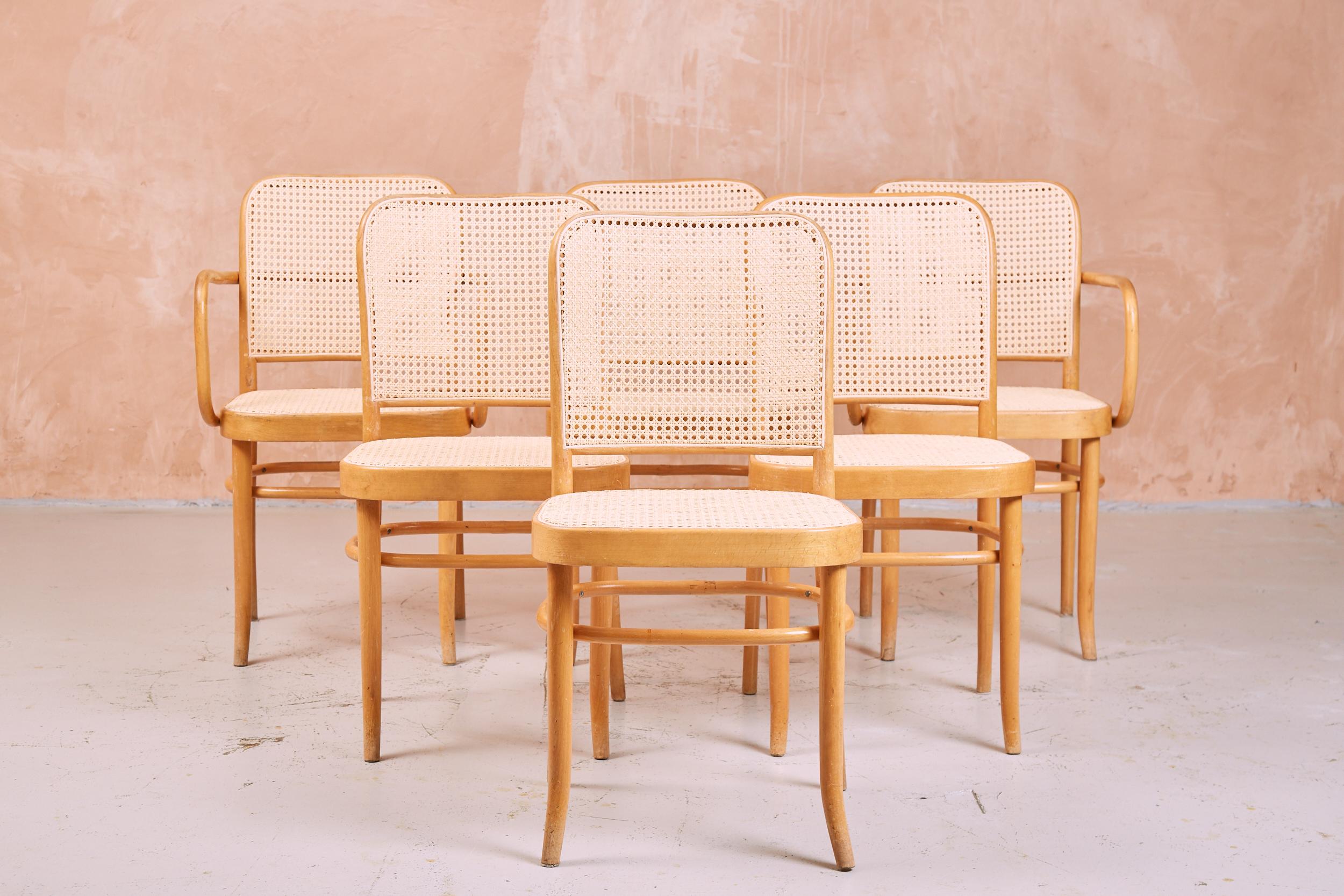 Austrian Prague Chairs by Josef Hoffmann & Frank in Bentwood and Cane, Set of Six, 1930s For Sale