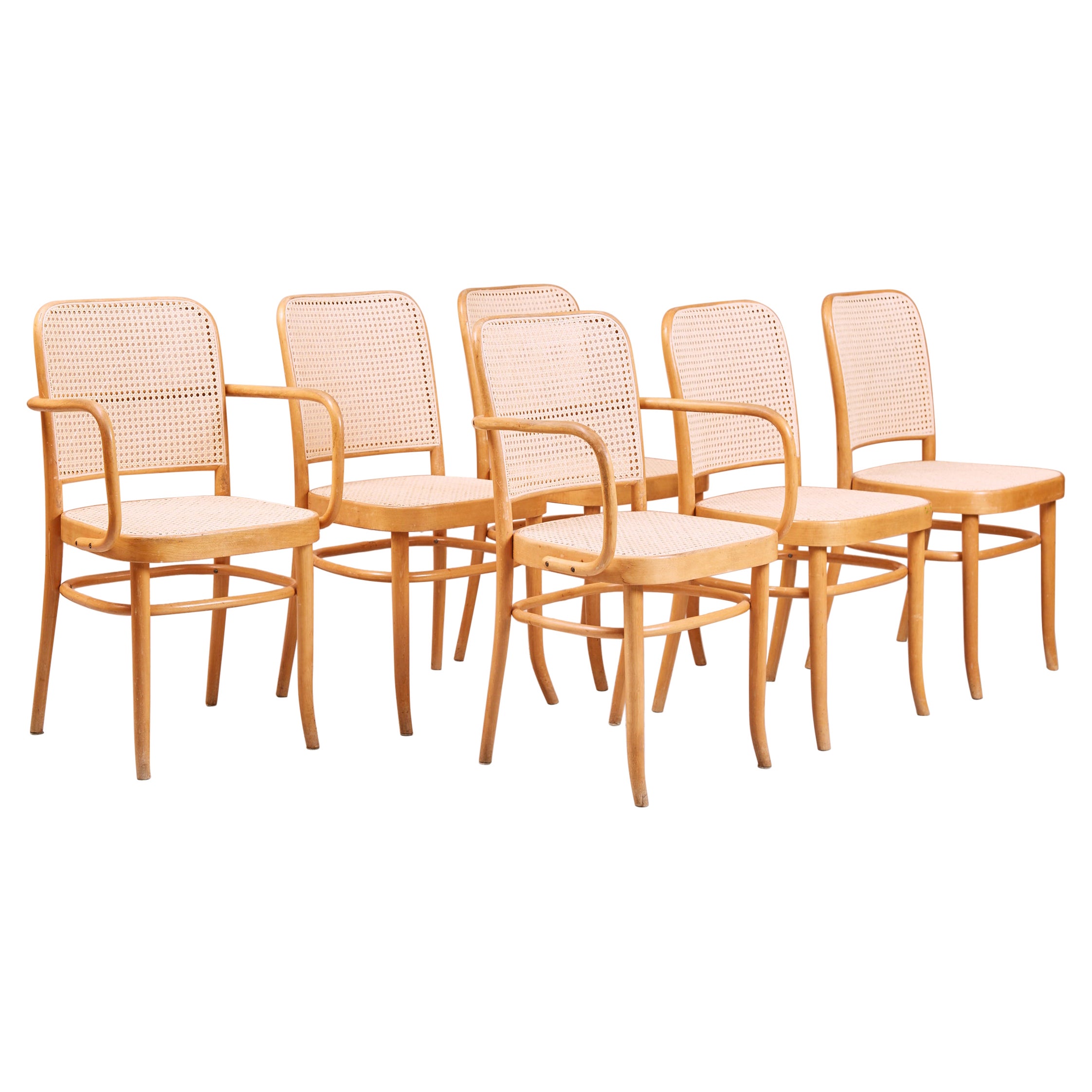 Chaises Prague de Josef Hoffmann & Frank en bois cintré et rotin, ensemble de six pièces, années 1930