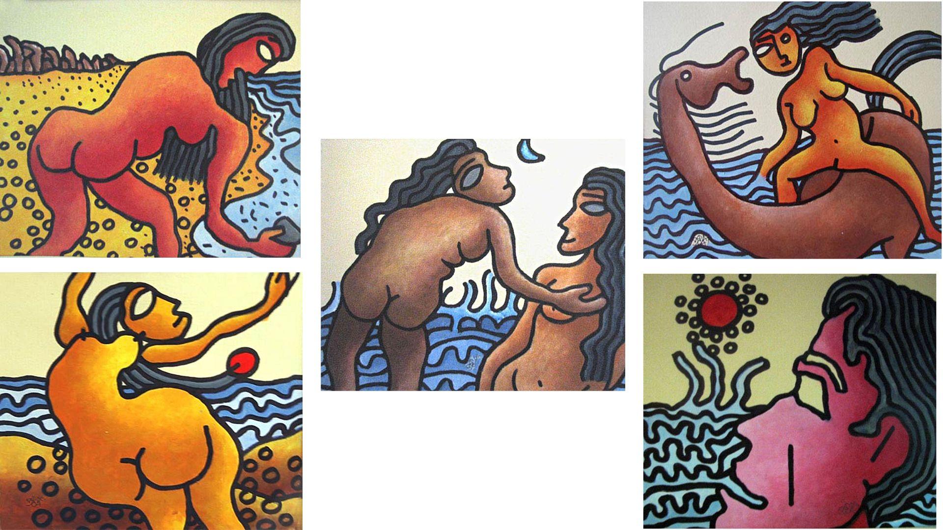 Série de 5 œuvres « Beach », technique mixte sur papier de l'artiste indien maître, en stock