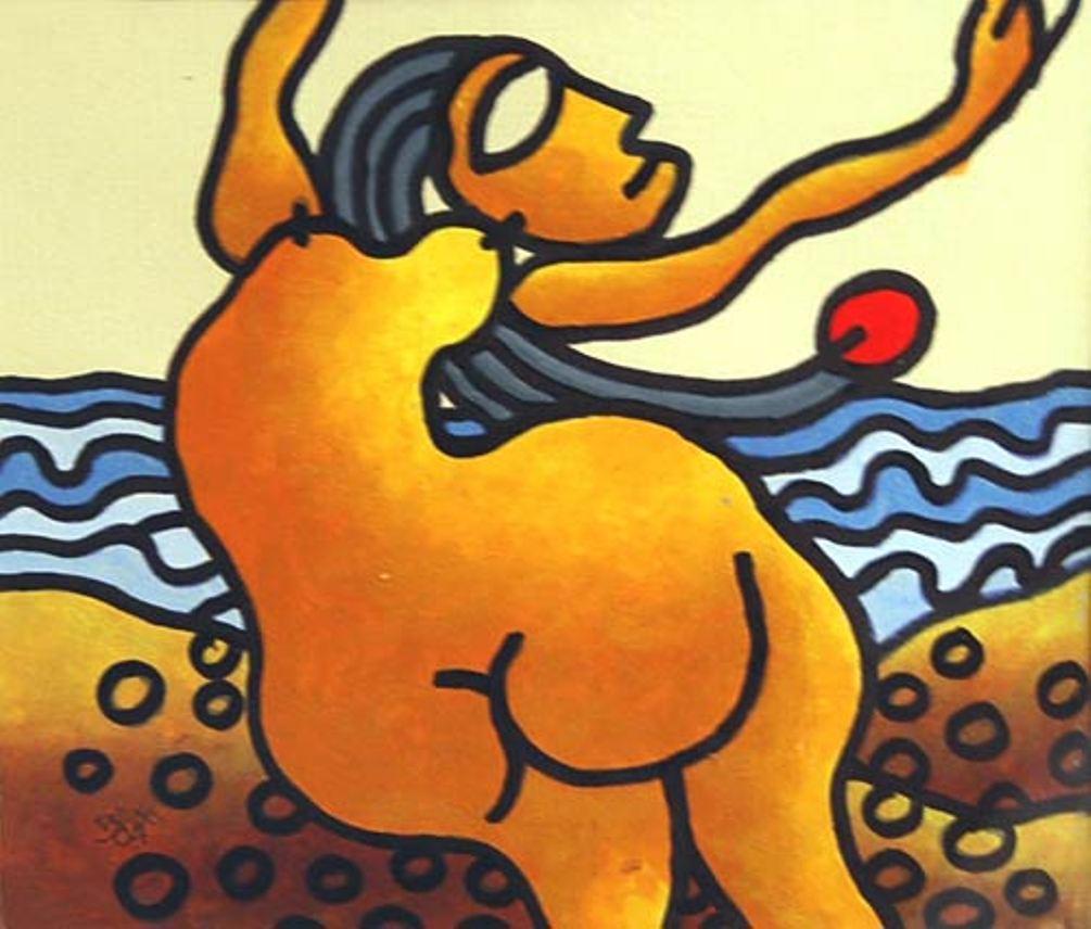 Beach Series, Nude, Mixed Media on Paper, Red, Yellow, Master Artist "In Stock" - Mixed Media Art by Prakash Karmarkar