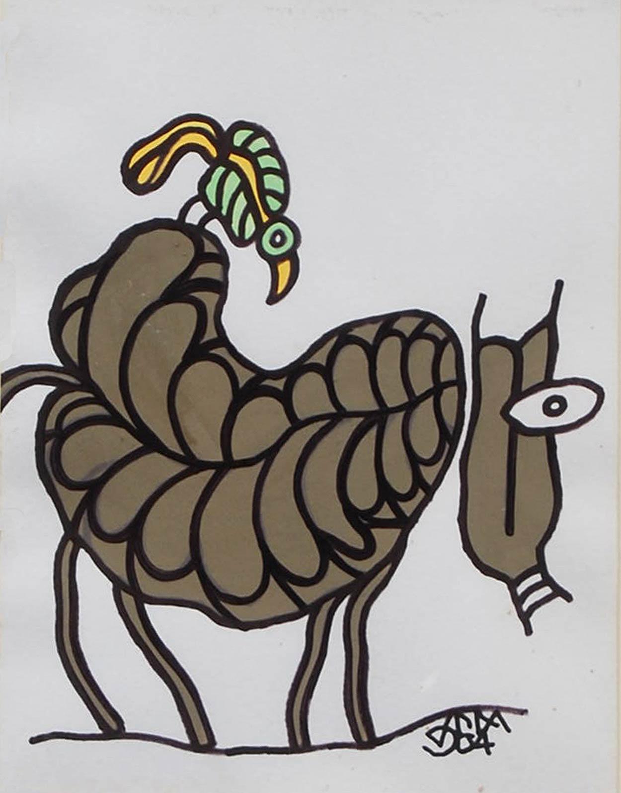 Animale, Tecnica mista su carta, Grigio, Verde, Giallo di Artista indiano 