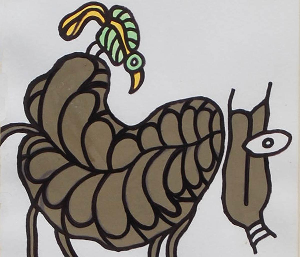 Animale, Tecnica mista su carta, Grigio, Verde, Giallo di Artista indiano 