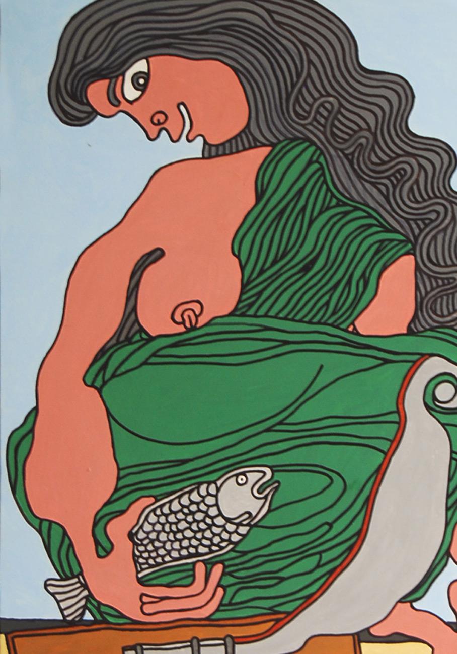 Fish Seller, Acrylic on Canvas, Green, Brown by Modern Indian Artist 